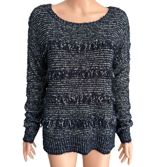 JOIE CAMILLE CREWNECK FRINGE SWEATER HEATHER MIDNIGHT BLUE size S - Picture 3 of 9